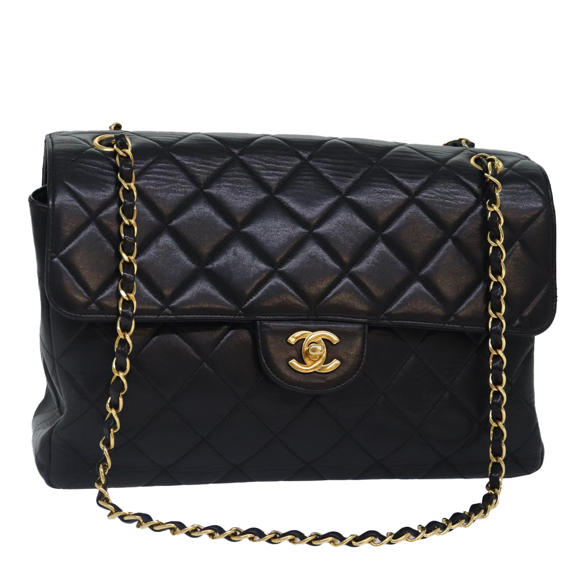 CHANEL Large Black Quilted Double Sided Flap Lambskin Shoulderbag