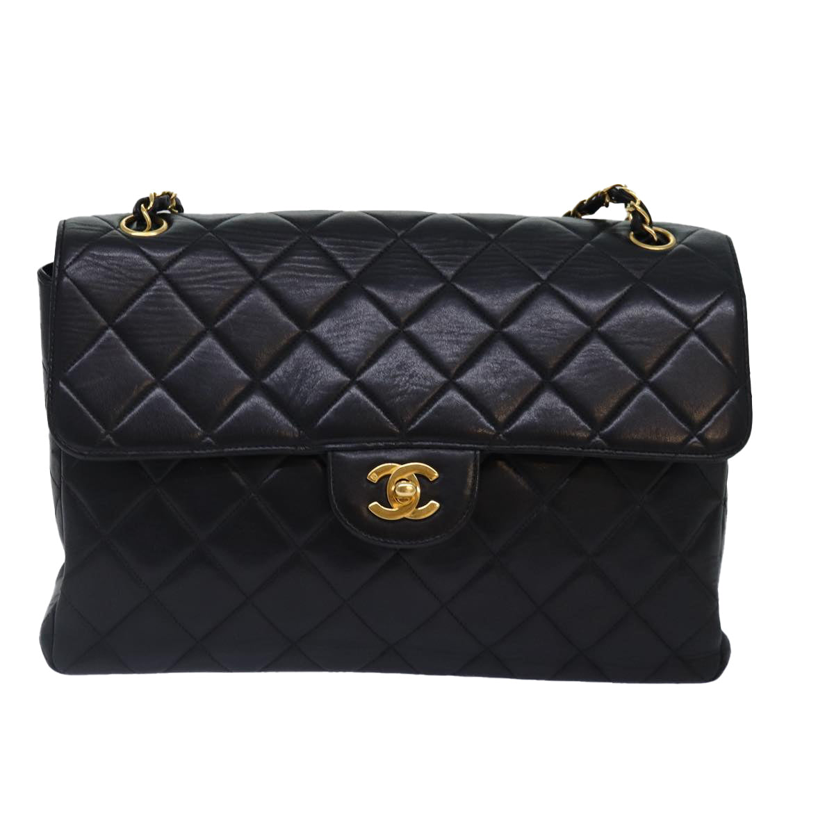 CHANEL Large Black Quilted Double Sided Flap Lambskin Shoulderbag