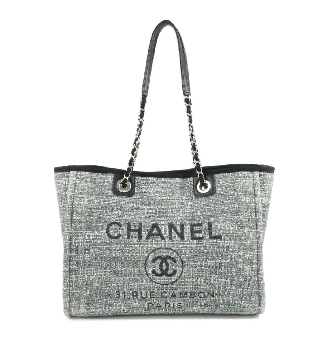 CHANEL Gray Tweed Medium MM Deauville Shopping Tote